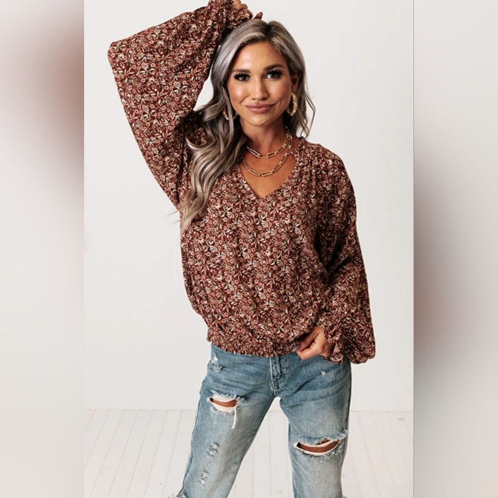 Meritt Size 3X Brown Boho Liberty Floral V-Neck Blouse Wide Balloon Sleeves NWT